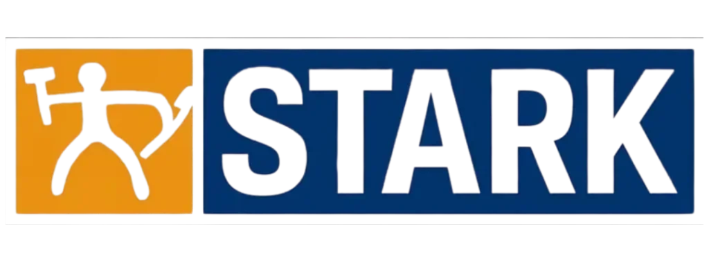 Stark logo med blå baggrund og gul ikon, tydelig branding.