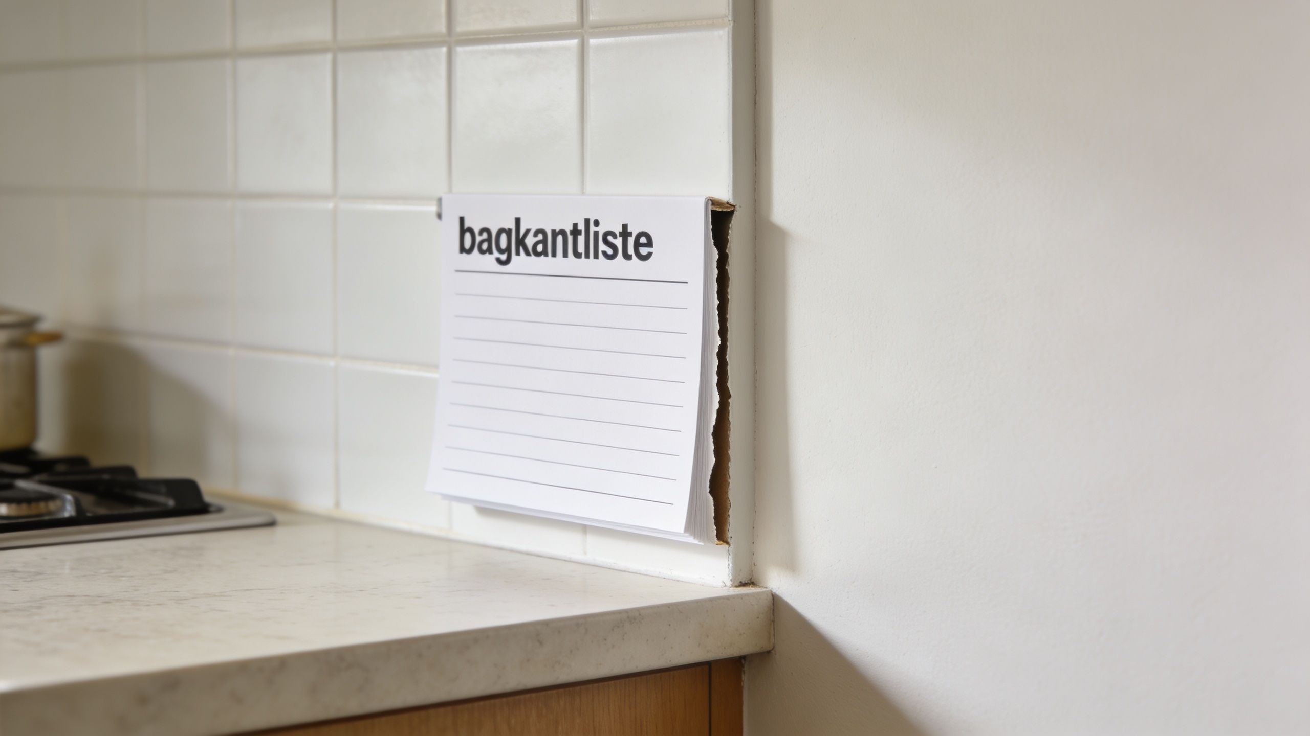En hvid blok med teksten bagkantliste placeret på en køkkenbordplade ved siden af et flisebelagt vægareal.