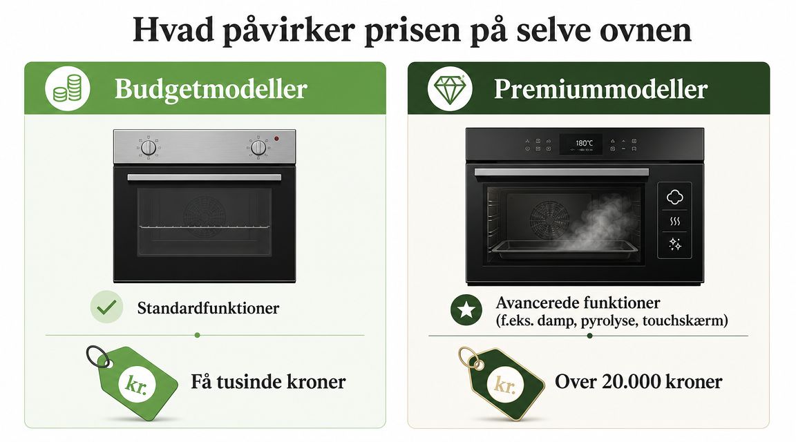 En sammenligning af budget- og premium-ovne, der viser hvordan funktioner påvirker prisen fra få tusinde til over 20.000 kroner.