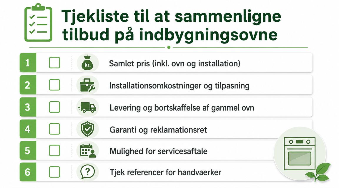 Tjekliste med seks punkter til sammenligning af tilbud på nye indbygningsovne og professionel installation af disse.