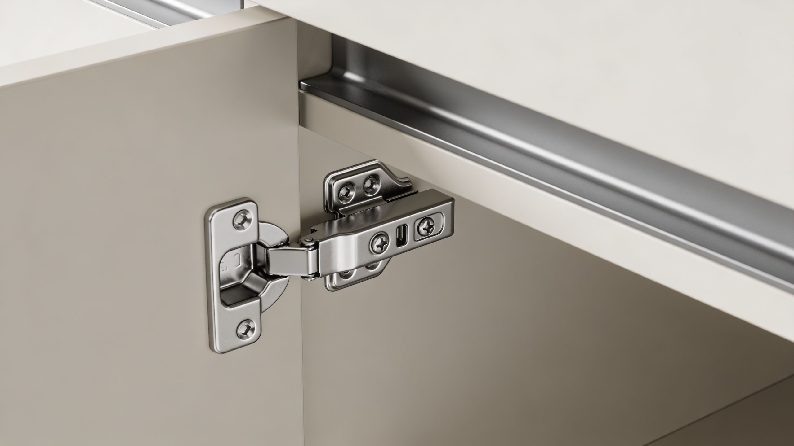 Nærbillede af et moderne metalhængsel monteret på en lys beige skabslåge i et køkkenmiljø.