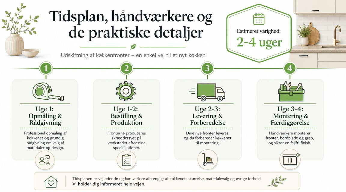 En grafisk tidslinje der viser de fire trin i processen for udskiftning af køkkenfronter.