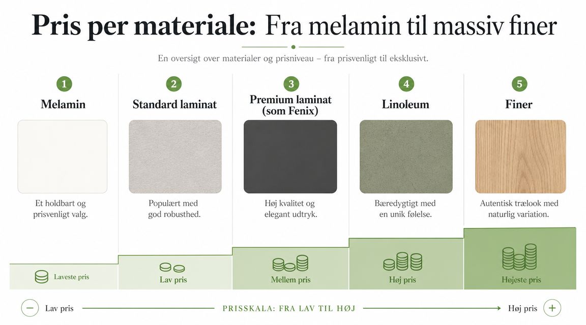 En grafisk oversigt over køkkenmaterialers prisniveauer fra prisvenlig melamin til eksklusiv finér i en trinvis prisskala.