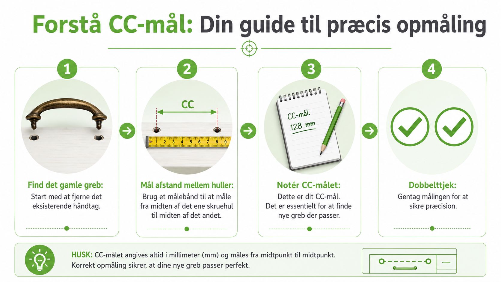 En guide i fire trin til hvordan man måler CC-mål for montering af nye greb på køkkenlåger.