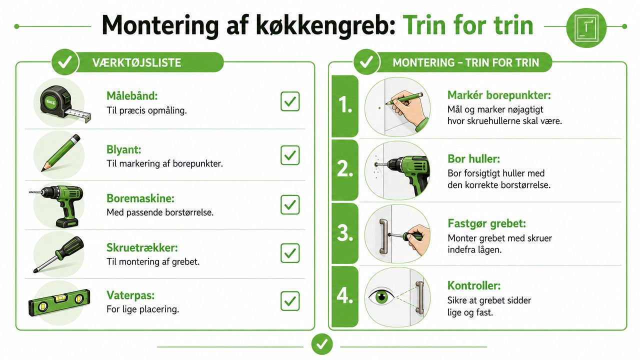 En instruktionsguide til montering af køkkengreb med en tjekliste over nødvendigt værktøj og fire trinvise monteringsanvisninger.