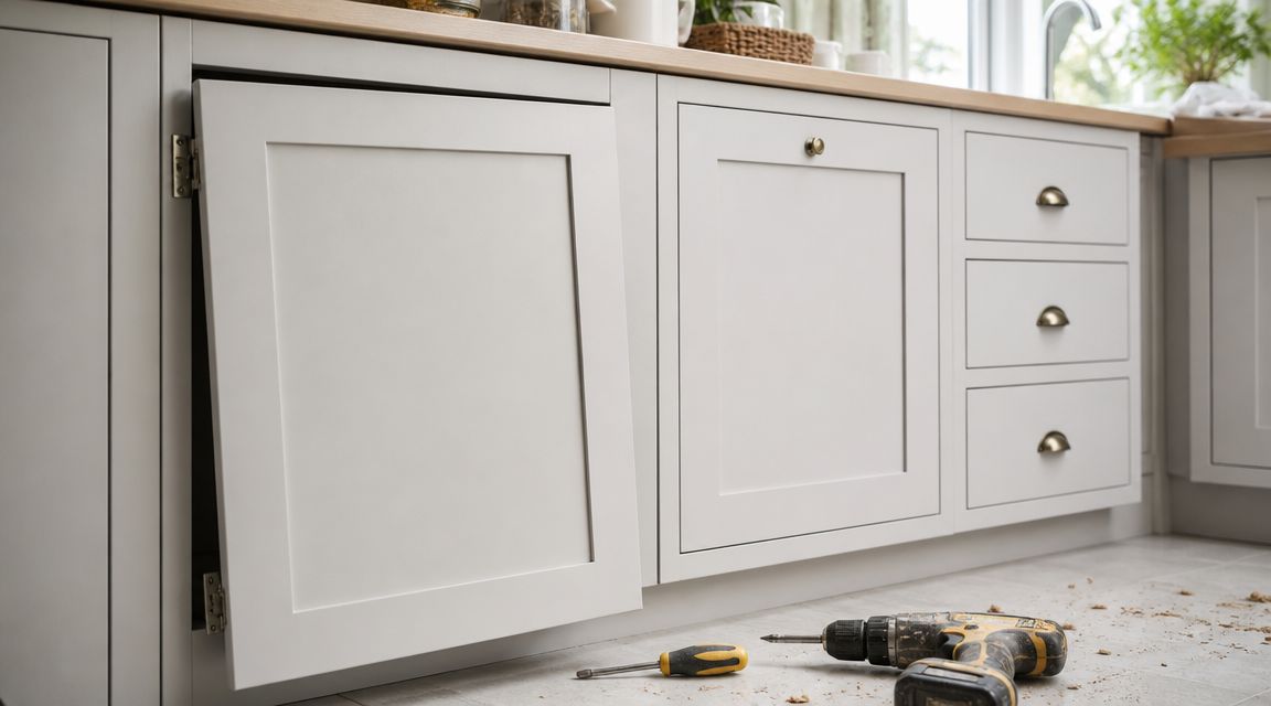 Nærbillede af køkkenrenovering med en løs skabslåge og værktøj som skruemaskine og skruetrækker på gulvet.