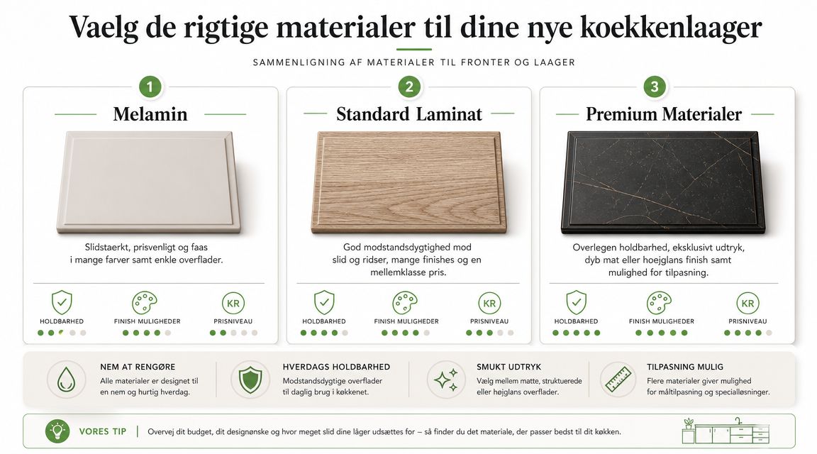 Sammenligning af køkkenlåger i melamin, standard laminat og premium materialer med fokus på holdbarhed, finish og pris.