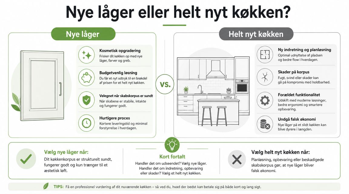 En infografik der sammenligner valg af nye køkkenlåger kontra et helt nyt køkken til boligrenovering.