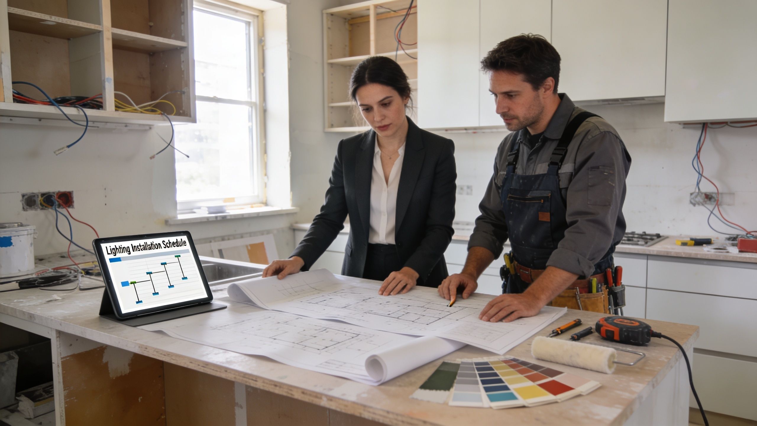 En arkitekt og en håndværker gennemgår plantegninger og en belysningsplan i et køkken under renovering.