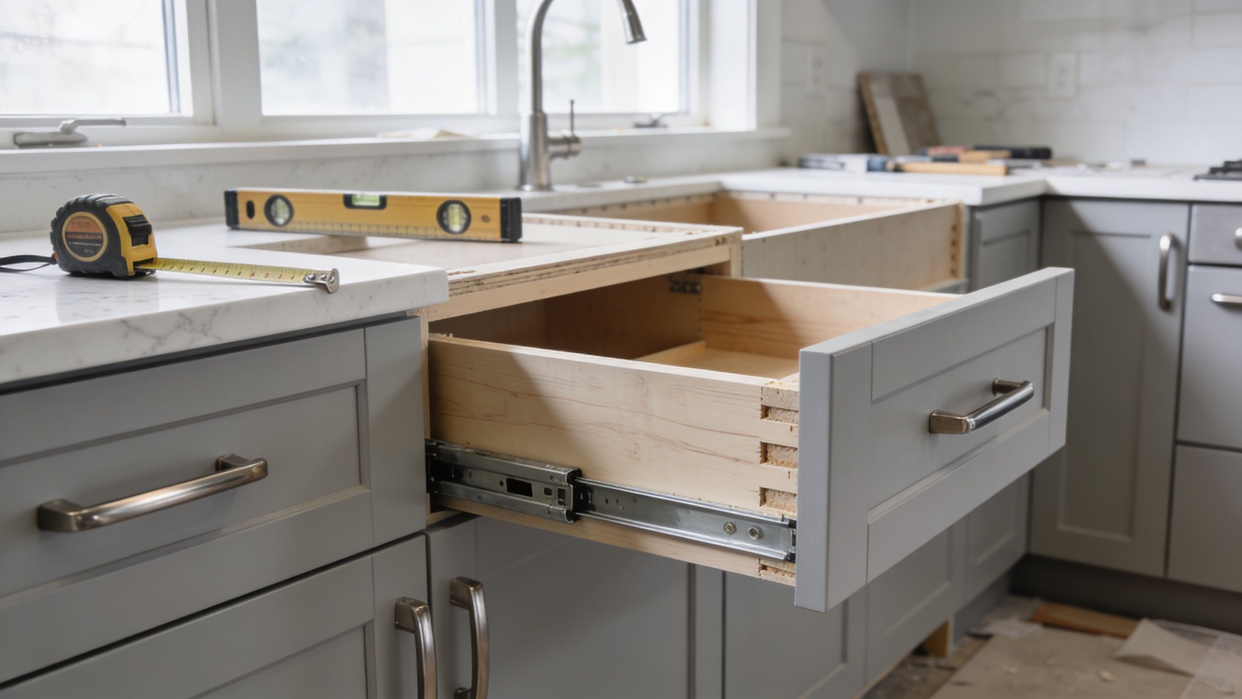 Et køkken under renovering med grå skabe, åbne skuffer, målebånd og et vaterpas på bordpladen.