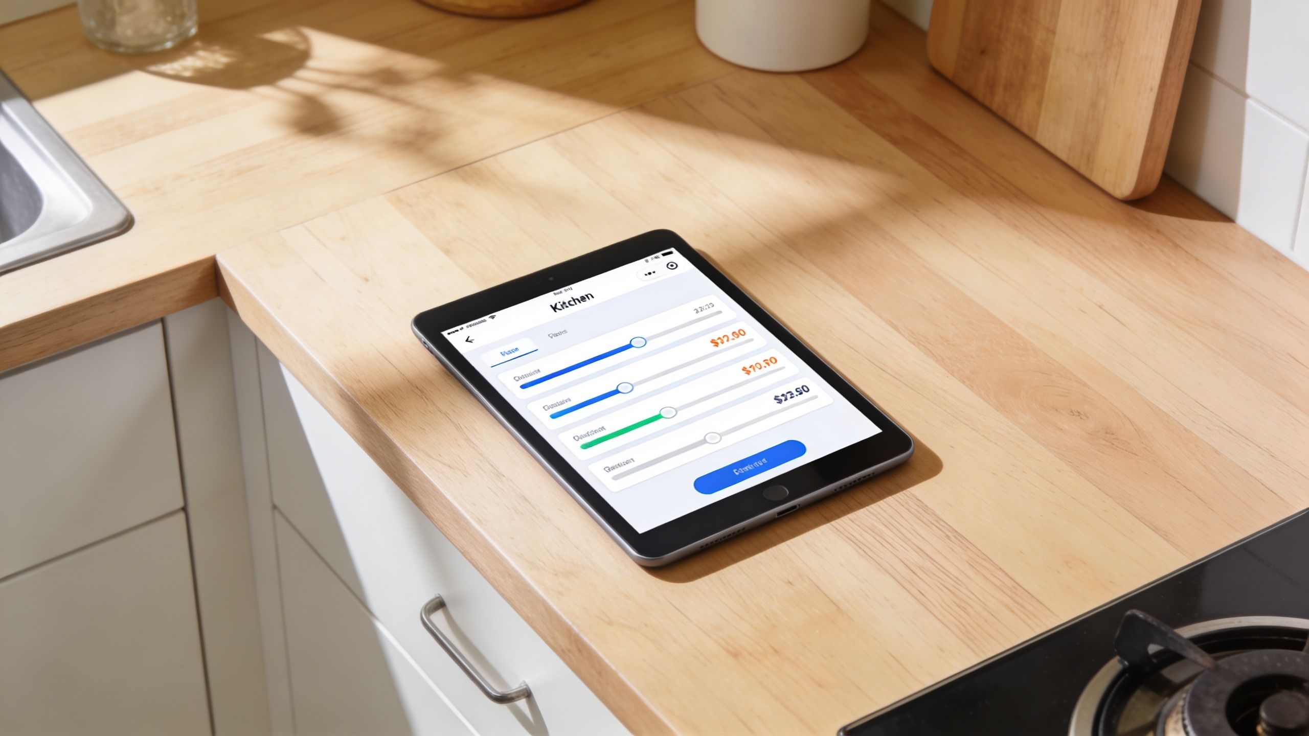 En iPad med en køkkenpris-app placeret på en køkkenbordplade i træ i et moderne hjem.