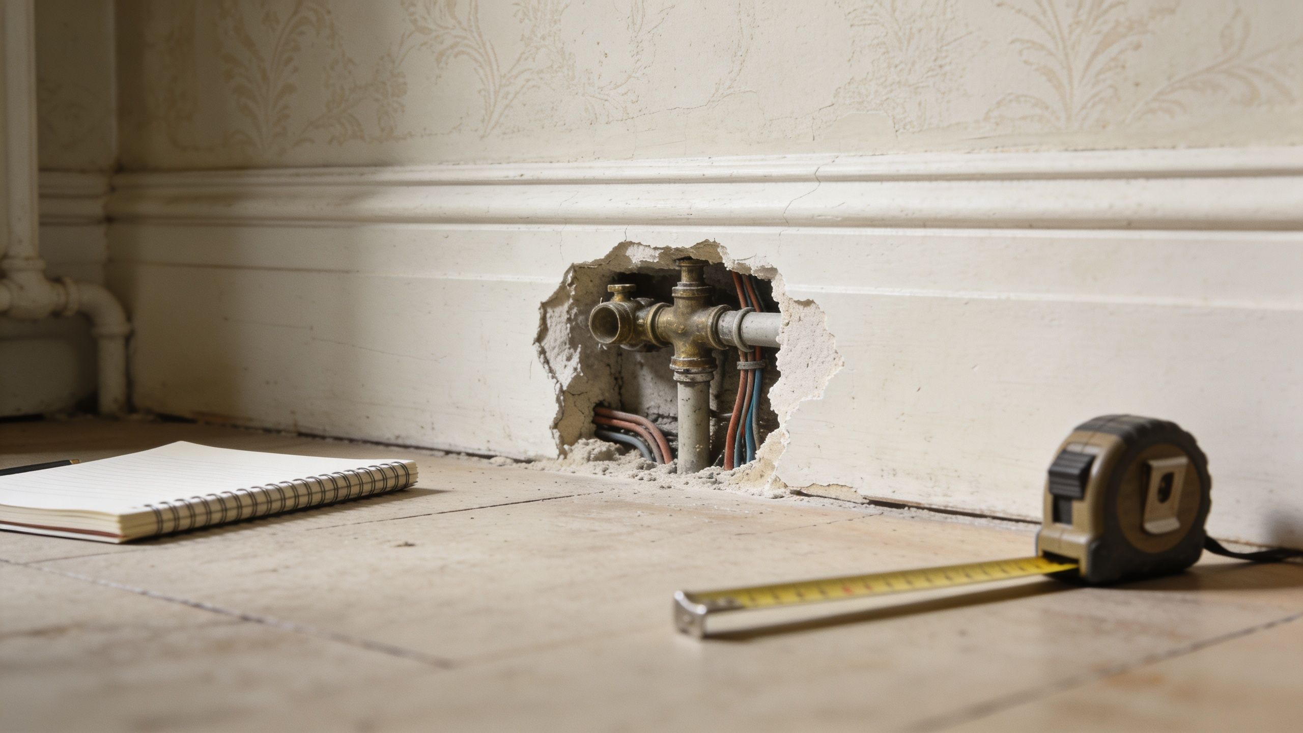Nærbillede af blottede rør og ledninger i en væg bag en fodliste under en køkkenrenovering.