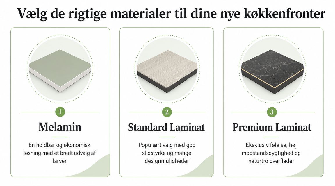 Tre forskellige typer materialer til køkkenfronter, herunder melamin, standard laminat og premium laminat til renovering.