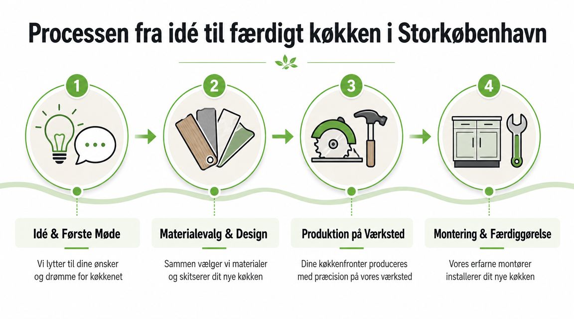 En grafisk oversigt over processen fra køkkenidé til færdig montering i Storkøbenhavn i fire enkle trin.