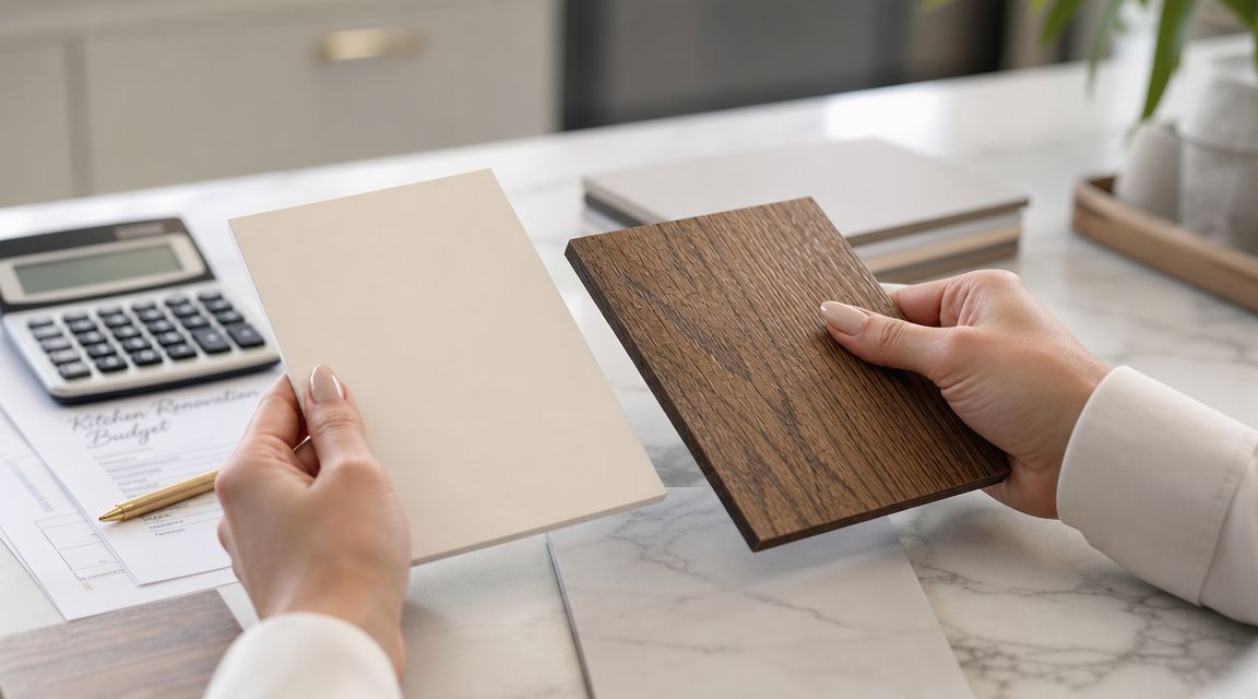 En person holder prøver af køkkenoverflader og træmaterialer ved siden af en lommeregner og et budgetark.
