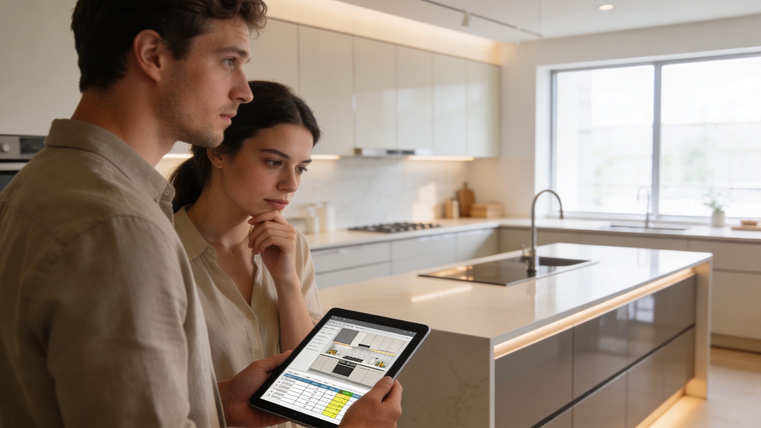 Et ungt par kigger fokuseret på en tablet for at planlægge deres moderne køkkenrenovering i hjemmet.