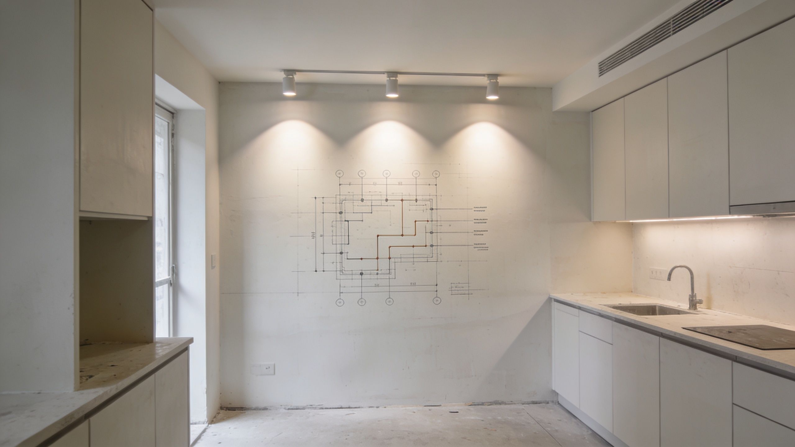 Et lyst køkken under renovering med minimalistiske hvide skabe, en væg med tekniske tegninger og spotlights.