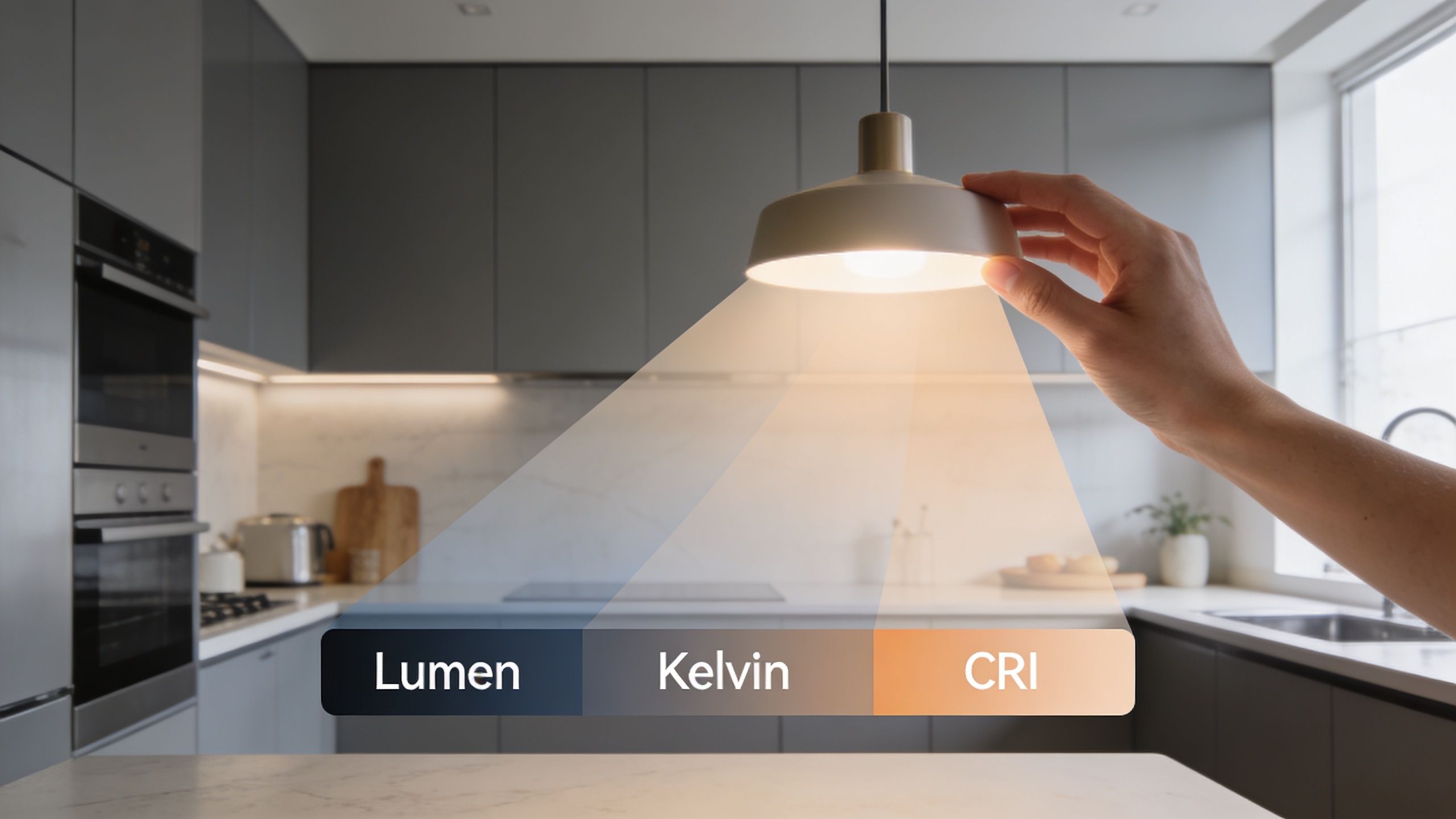 En hånd der rører ved en køkkenlampe med tekst-overlejringer om lysmålingerne lumen, kelvin og CRI.