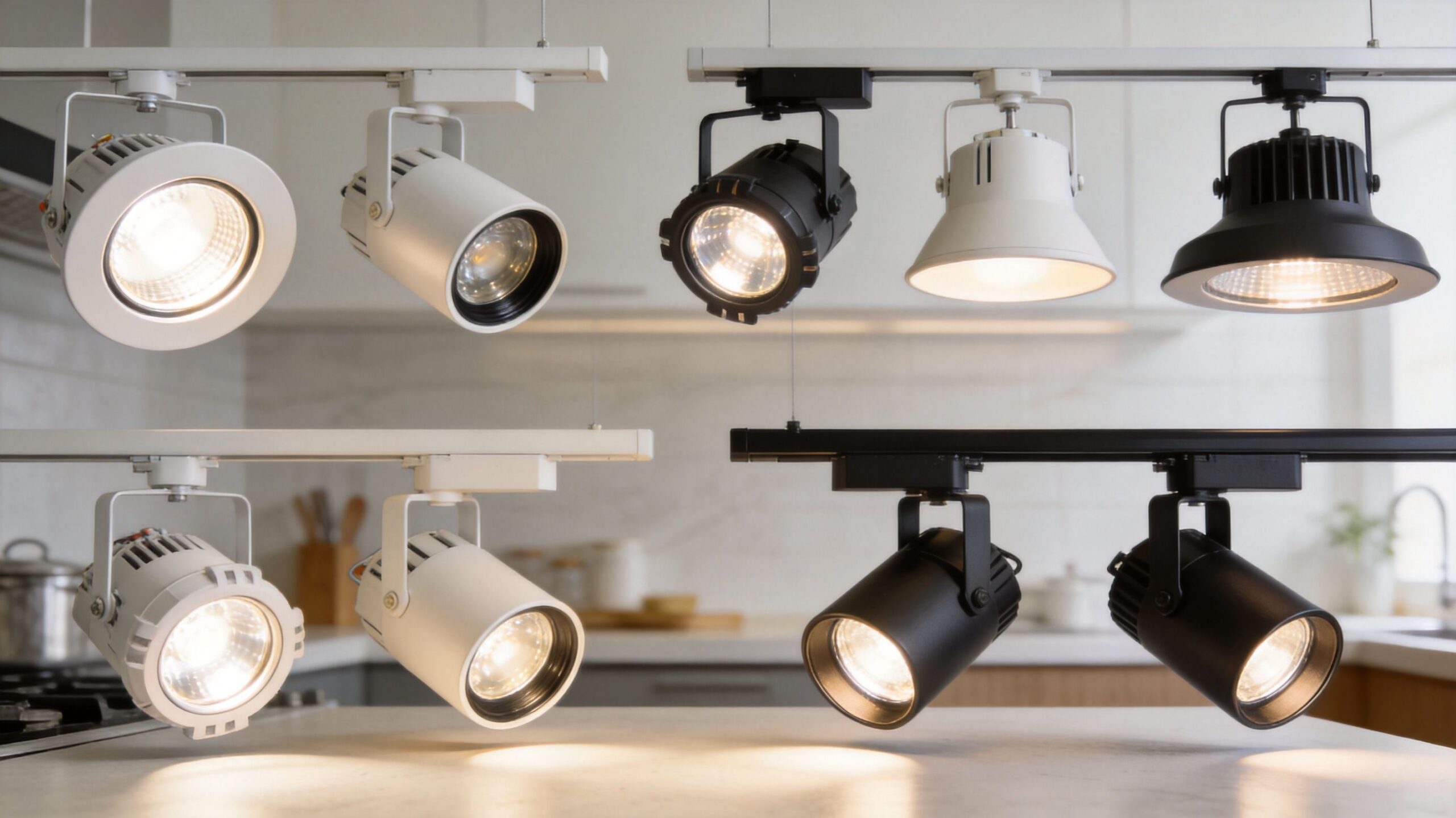 Et udvalg af hvide og sorte LED-spots monteret på skinner til køkkenbelysning i et moderne hjem.