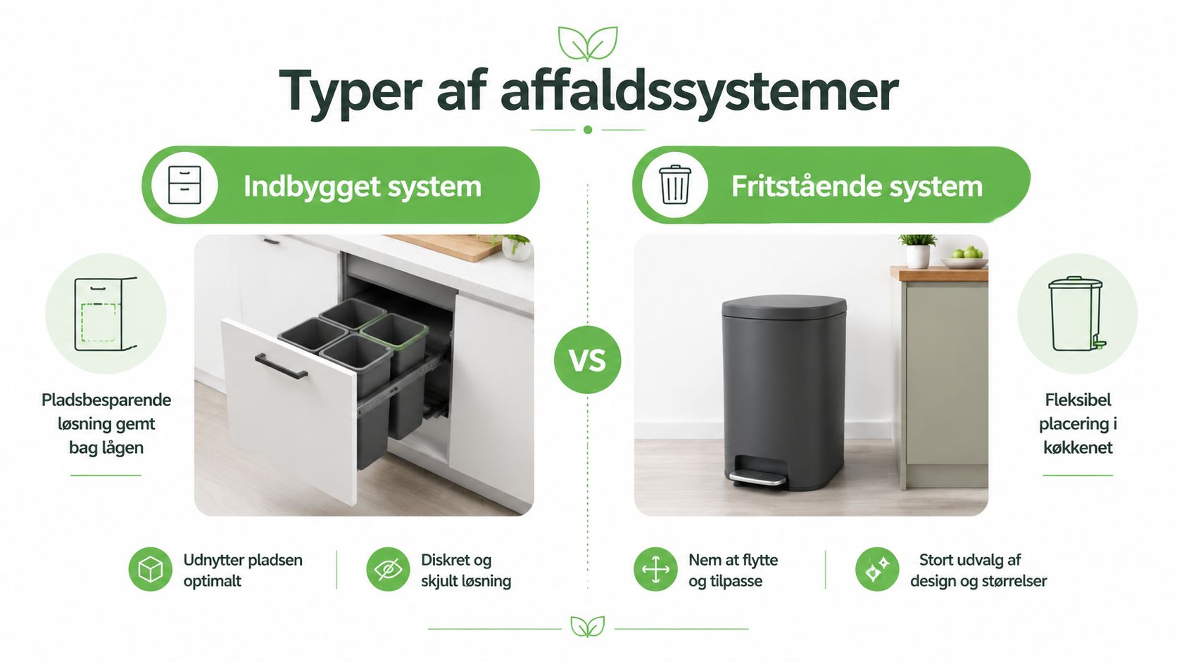 Effektivt affaldssystem med skjult opbevaring og pladsbesparende design.