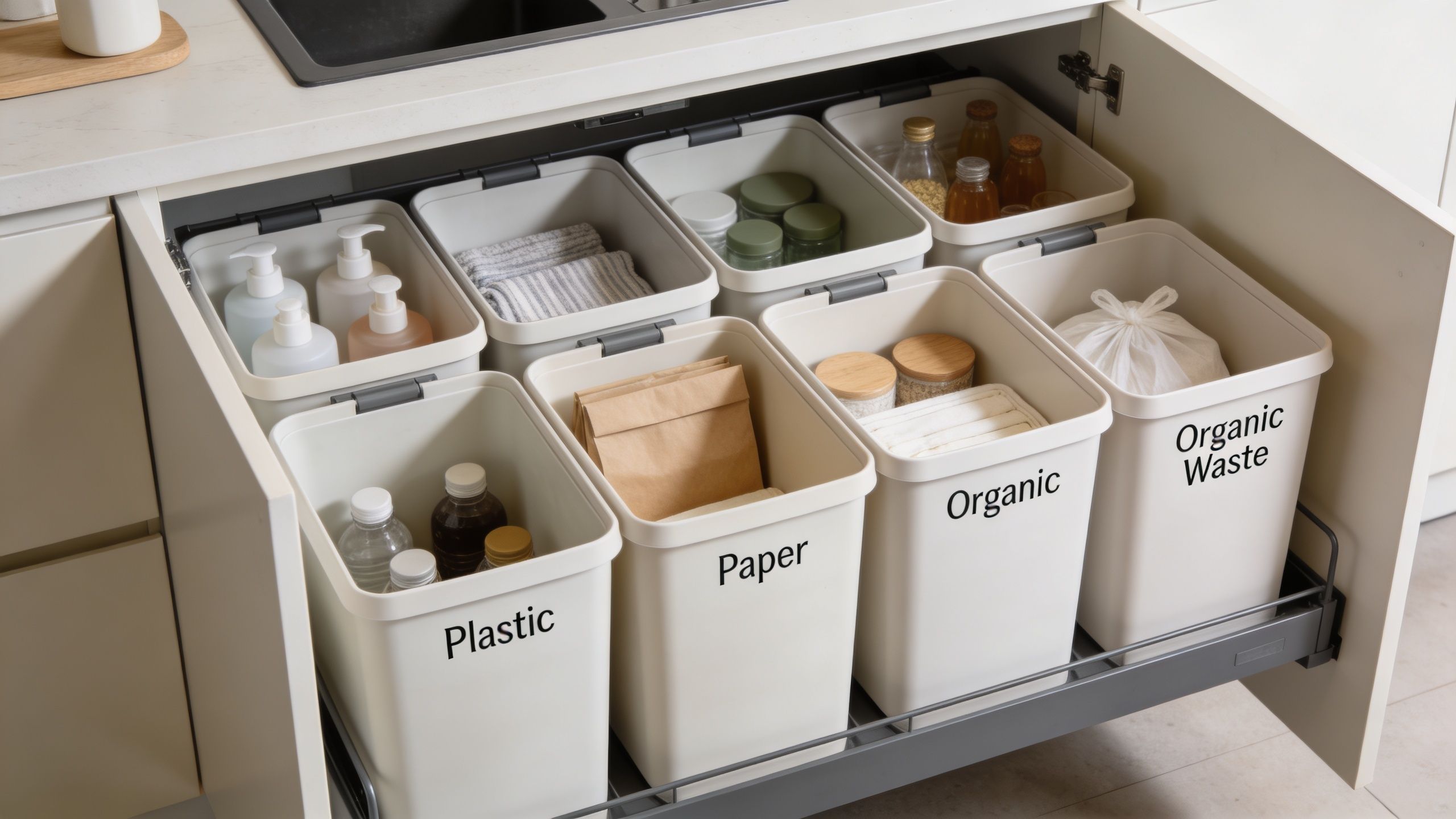 Organiseret affaldssystem med separate beholdere til plastik, papir og organisk affald.