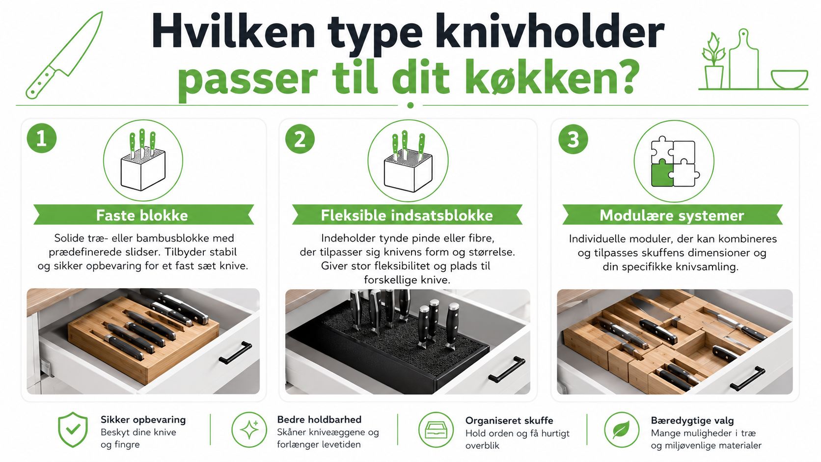 En guide til valg af den rette knivholder til din køkkenskuffe, der viser tre forskellige typer opbevaringsløsninger.