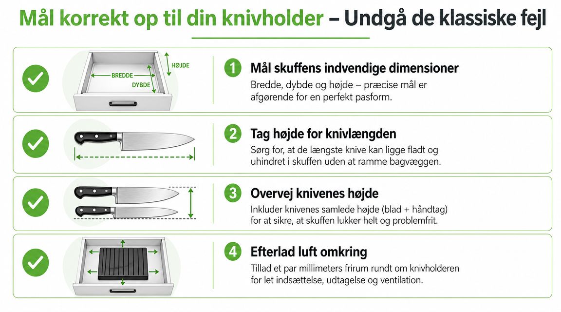 En vejledning til hvordan man måler korrekt op til en knivholder i sin køkkenskuffe for optimal pasform.