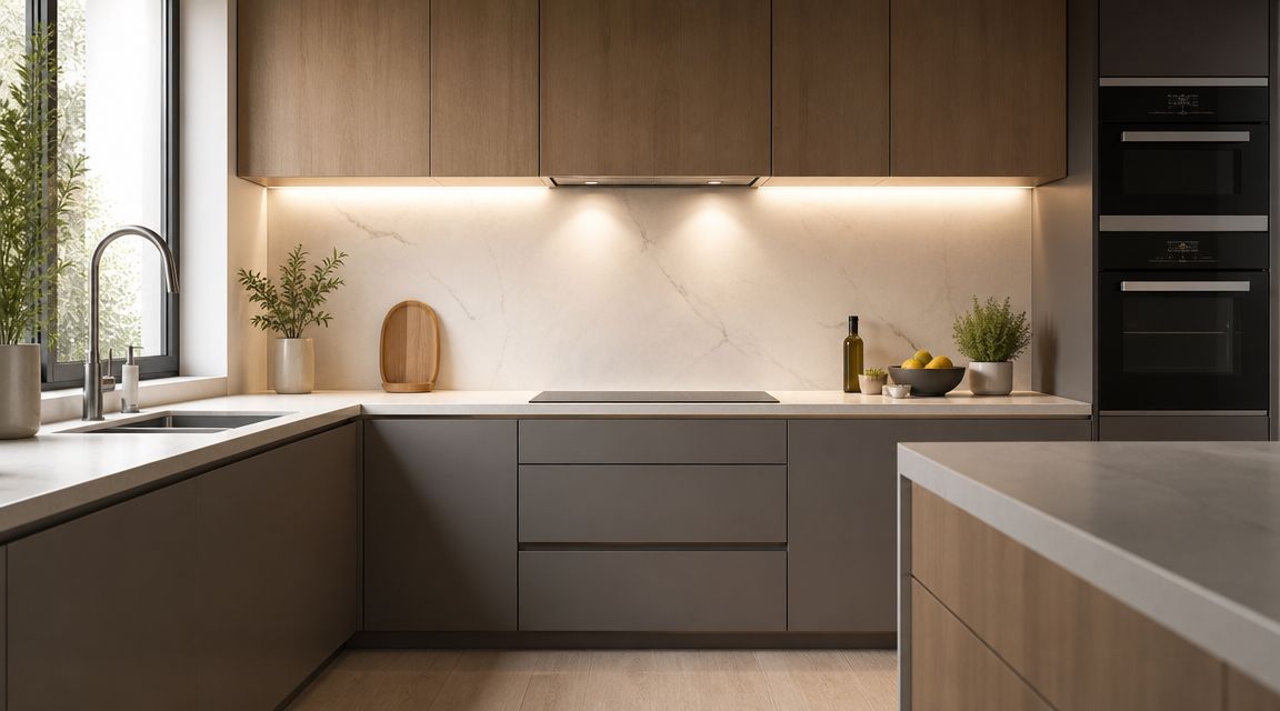 Moderne køkken med træskabe, integreret ovn og minimalistisk design.