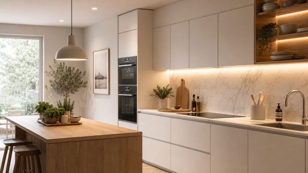 Moderne køkken med minimalistisk hvidt design og træbord, perfekt til moderne hjem.