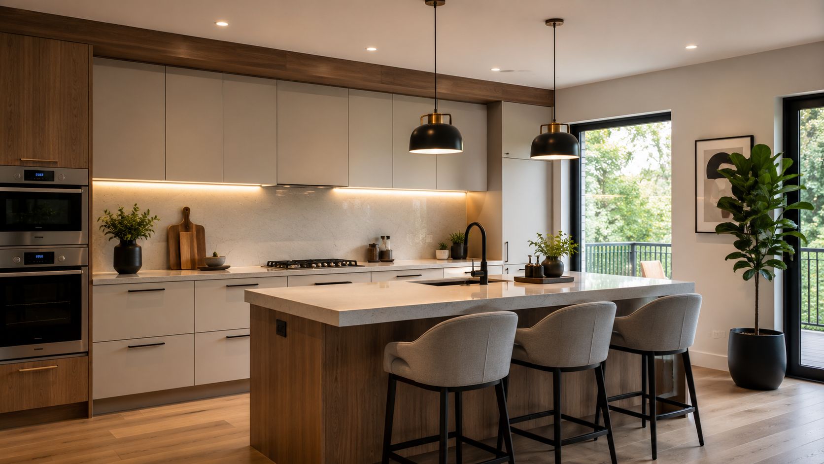 Elegant moderne køkken med ø-island, store vinduer og minimalistisk design.