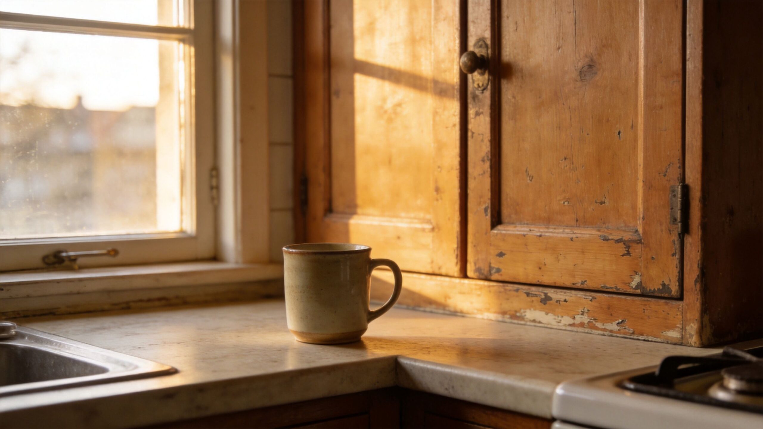 En beige kaffekop står på en køkkenbordplade ved et vindue med varmt sollys, der rammer træskabene.
