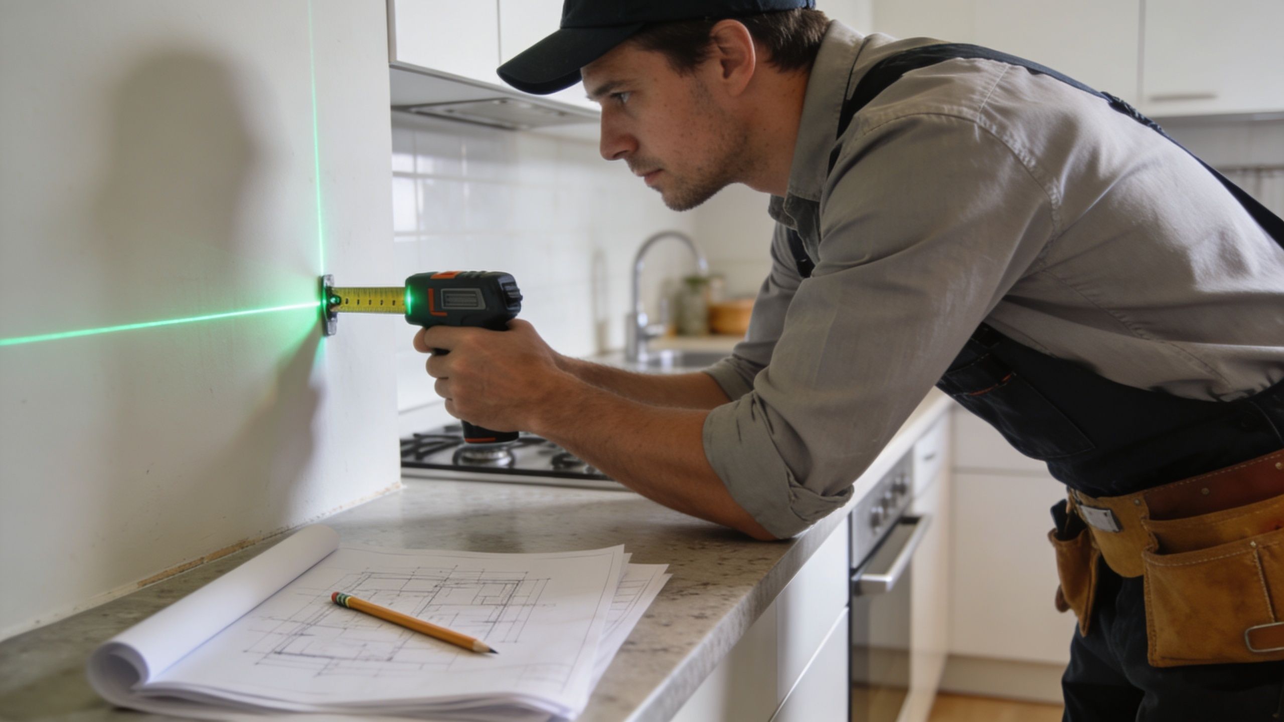 En håndværker måler præcist op til installation af nye køkkenlåger ved hjælp af en lasermåler i et køkken.
