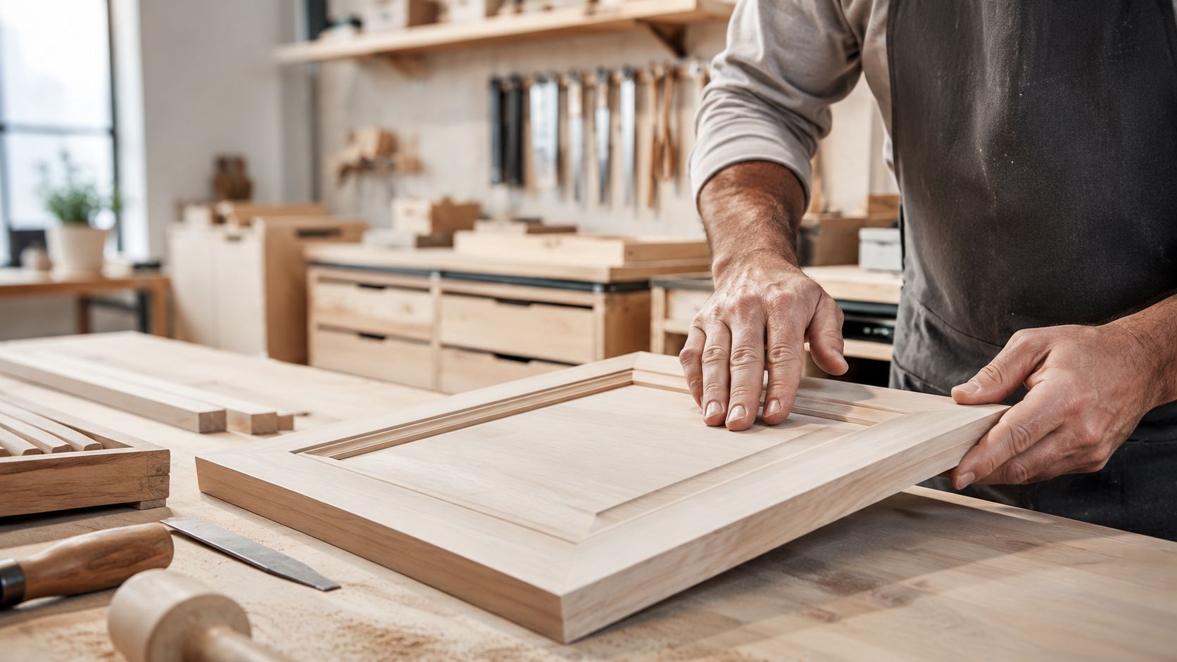 En snedker arbejder med præcision på en ny køkkenlåge af lyst træ i et velindrettet værksted.