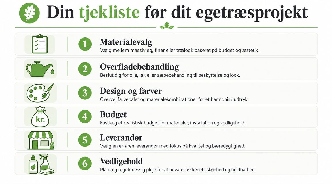 En tjekliste med seks trin til planlægning af et køkkenprojekt i egetræ, fra materialevalg til vedligeholdelse.