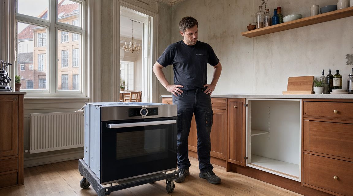 En håndværker står i et køkken klar til at installere en ny indbygningsovn i et køkkenskab.
