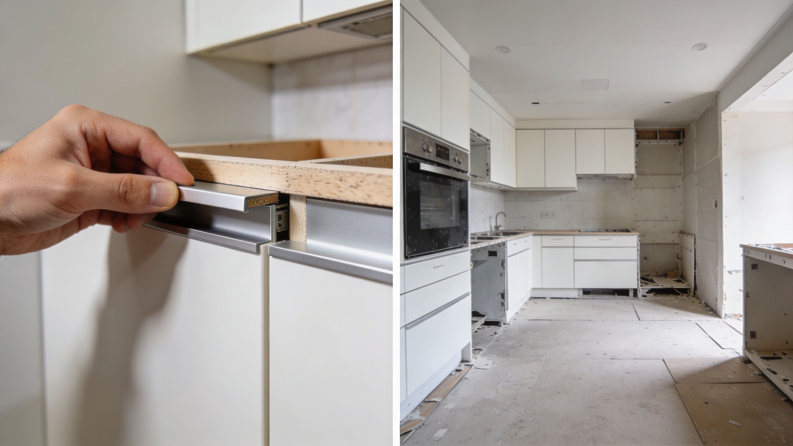 Nærbillede af et grebsfrit køkkenhåndtag og et overblik over et køkken under en total renovering.