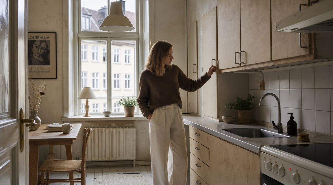 Hjemmekøkken med stor vinduesudsigt og moderne indretning.