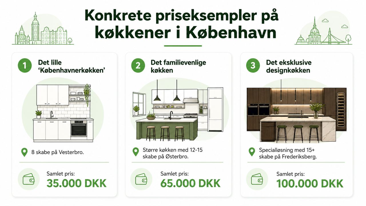 Illustration af tre køkkenpriseksempler i København fra 35.000 til 100.000 kroner med forskellige skabskonfigurationer.