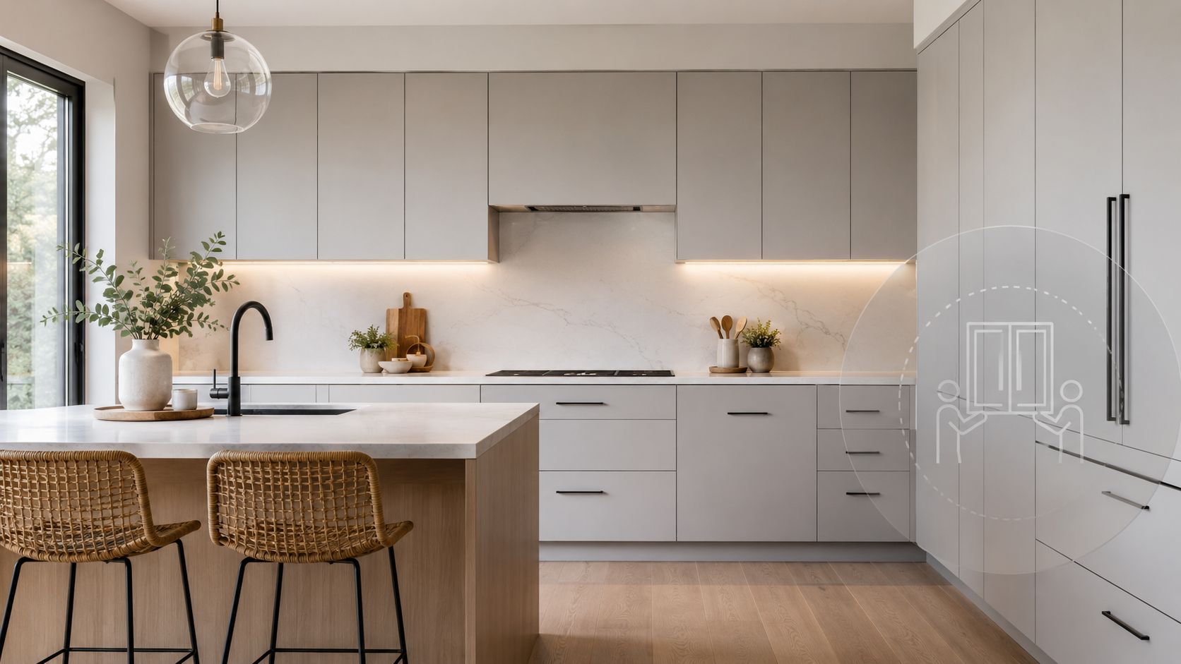 Et moderne køkken med lysegrå fronter, en træø, barstole og elegant indretning i et lyst skandinavisk design.