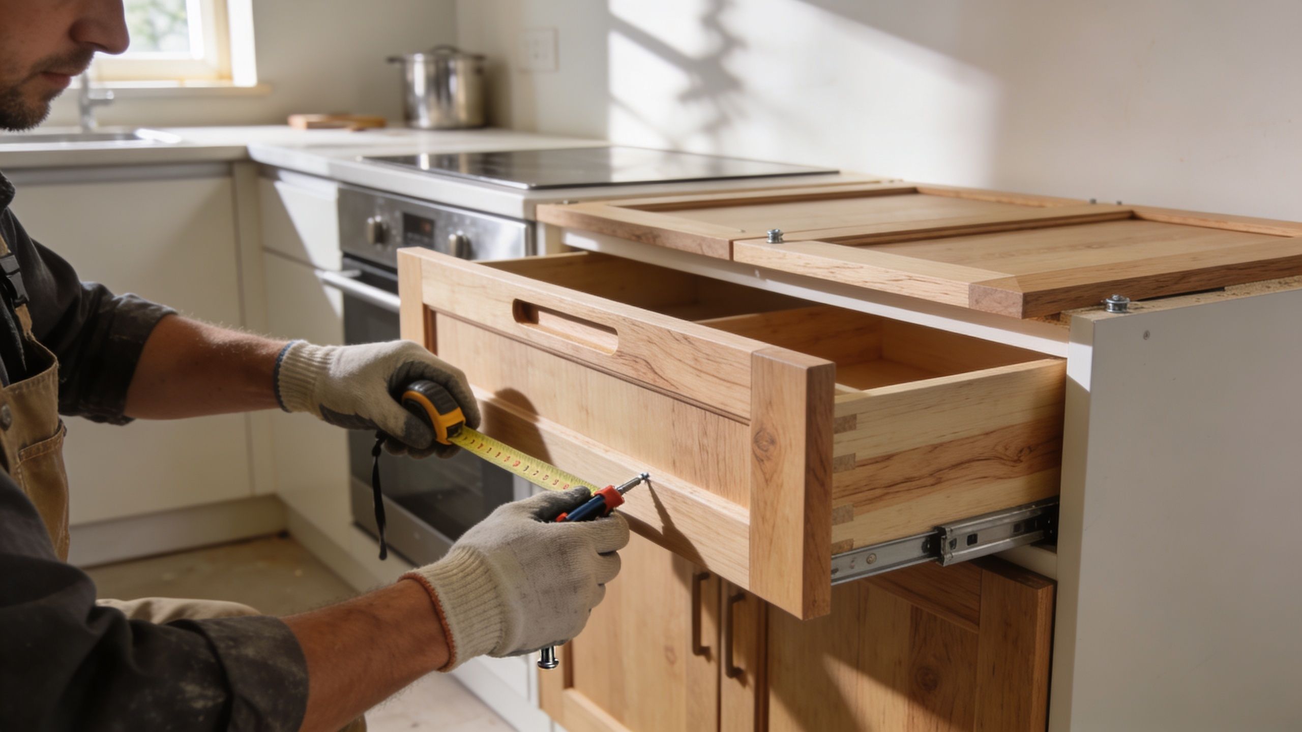 En håndværker måler en træskuffe i et køkken under renovering med et målebånd og skruetrækker.