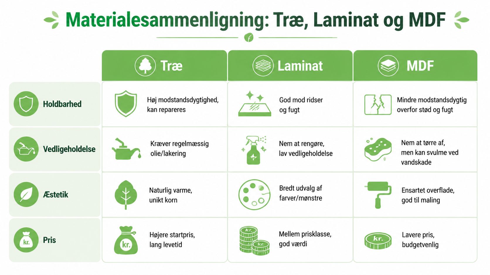 Sammenligning af køkkenmaterialer, træ, laminat og MDF, med fokus på holdbarhed, vedligeholdelse, æstetik og pris.