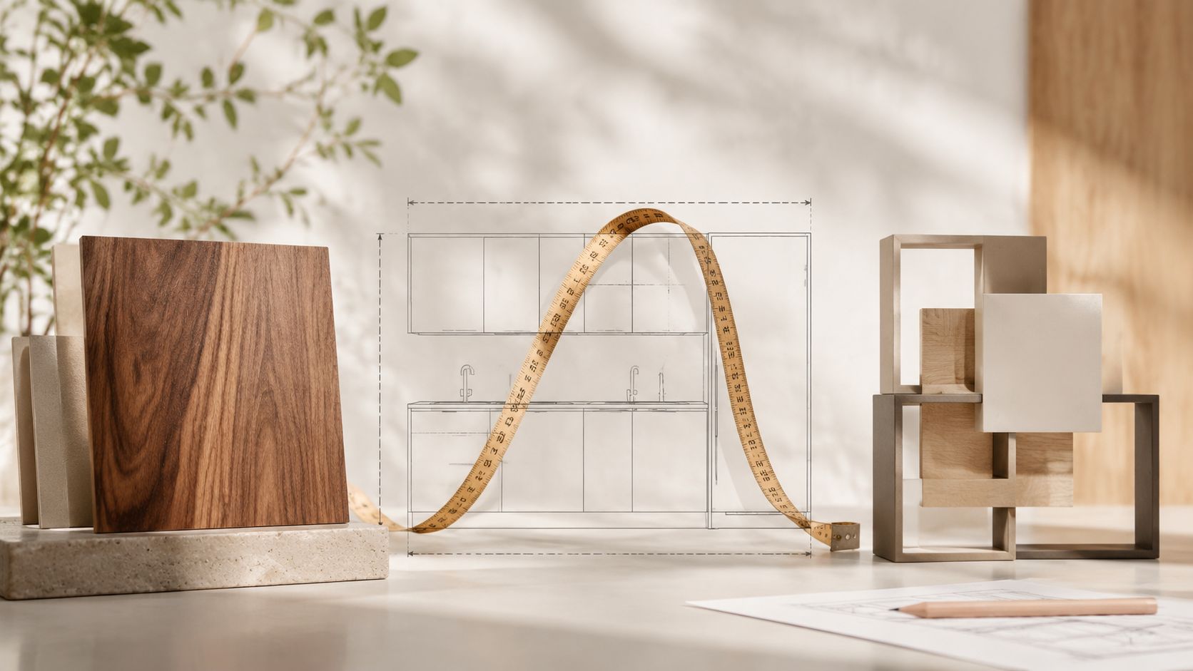 Et designværksted med en køkkentegning, målebånd og træmaterialeprøver til planlægning af et moderne, skræddersyet indbygget køkkenskab.