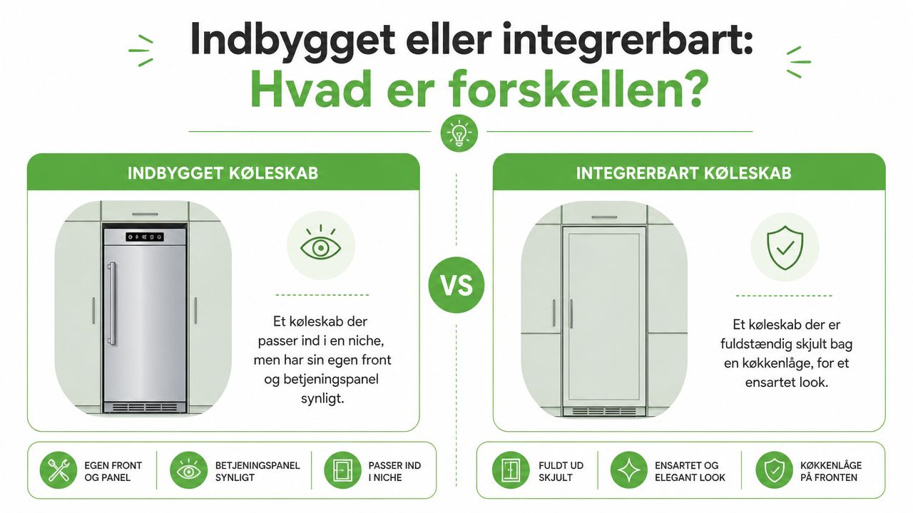 Infografik der forklarer forskellen mellem et indbygget køleskab med synlig front og et integrerbart køleskab skjult bag køkkenlåger.