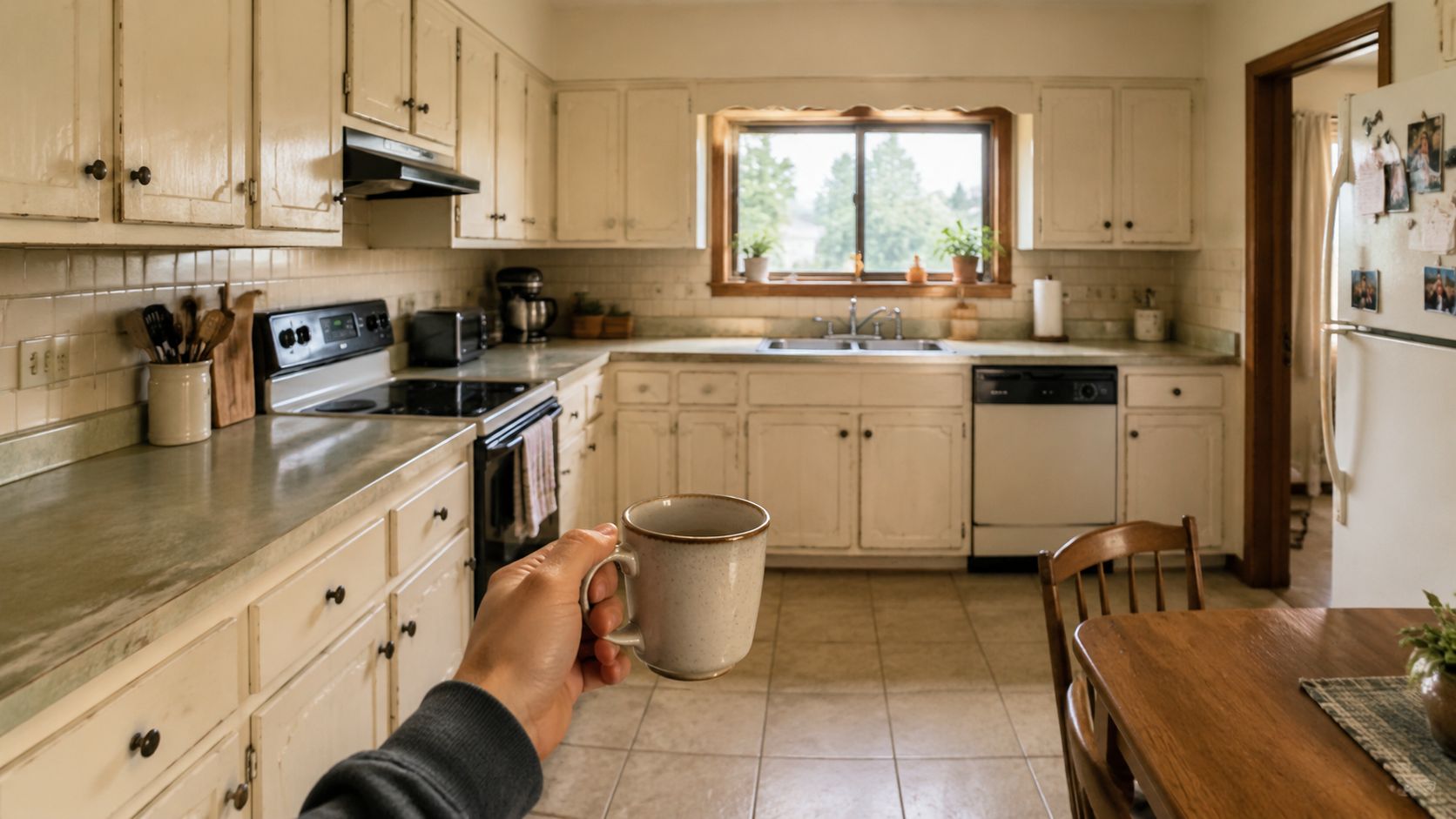 En person holder en kop kaffe i et køkken med hvide skabe og en gammeldags indretning.