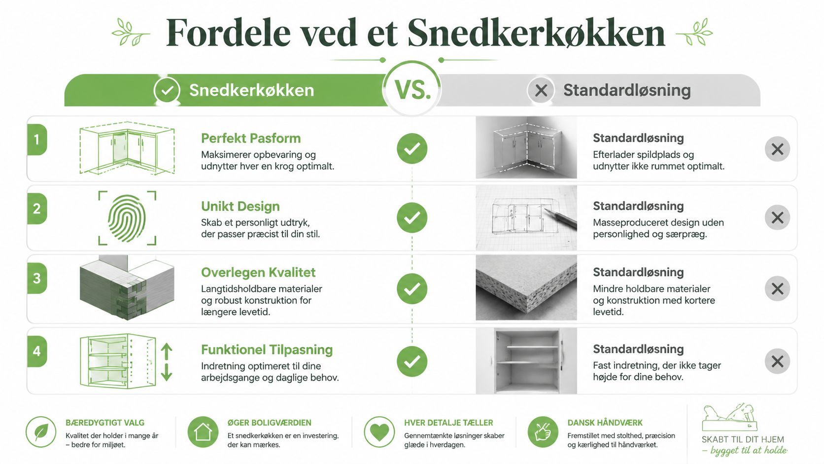 Sammenligning af fordele ved et skræddersyet snedkerkøkken over for en standardløsning med fokus på kvalitet og design.