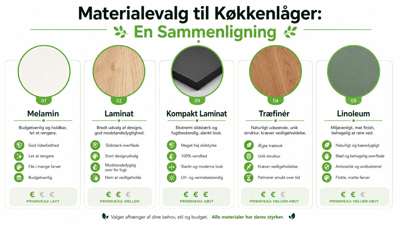 En sammenligningsguide over forskellige materialetyper til køkkenlåger, herunder melamin, laminat, kompakt laminat, træfinér og linoleum.