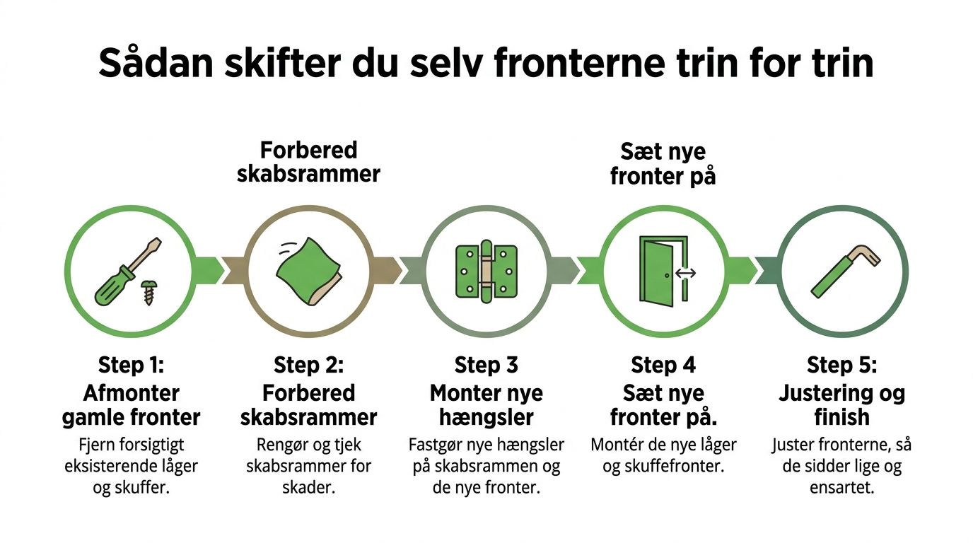 En fem-trins guide der viser hvordan man selv udskifter køkkenfronter på skabe og skuffer i hjemmet.