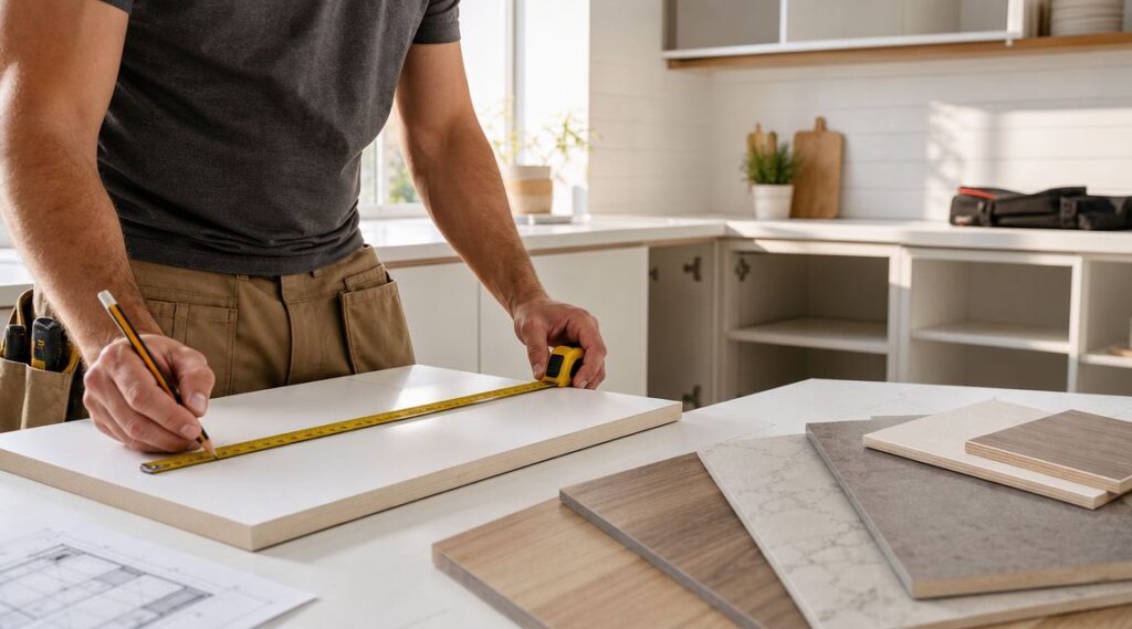 Mand måler og planlægger køkkenrenovering med træ- og marmorfliser.