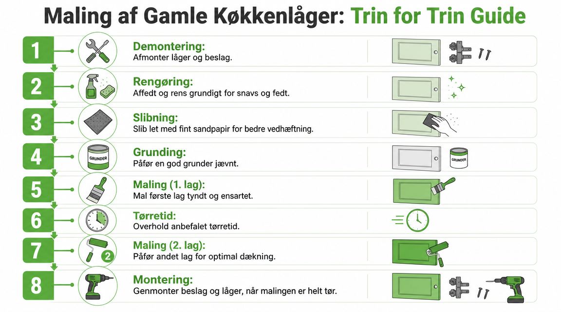 Infografik der viser en trin-for-trin guide til maling af gamle køkkenlåger fra start til slut.