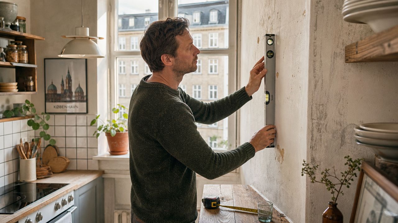 En mand i en mørkegrøn sweater bruger et vaterpas til at måle en væg i sit køkken.
